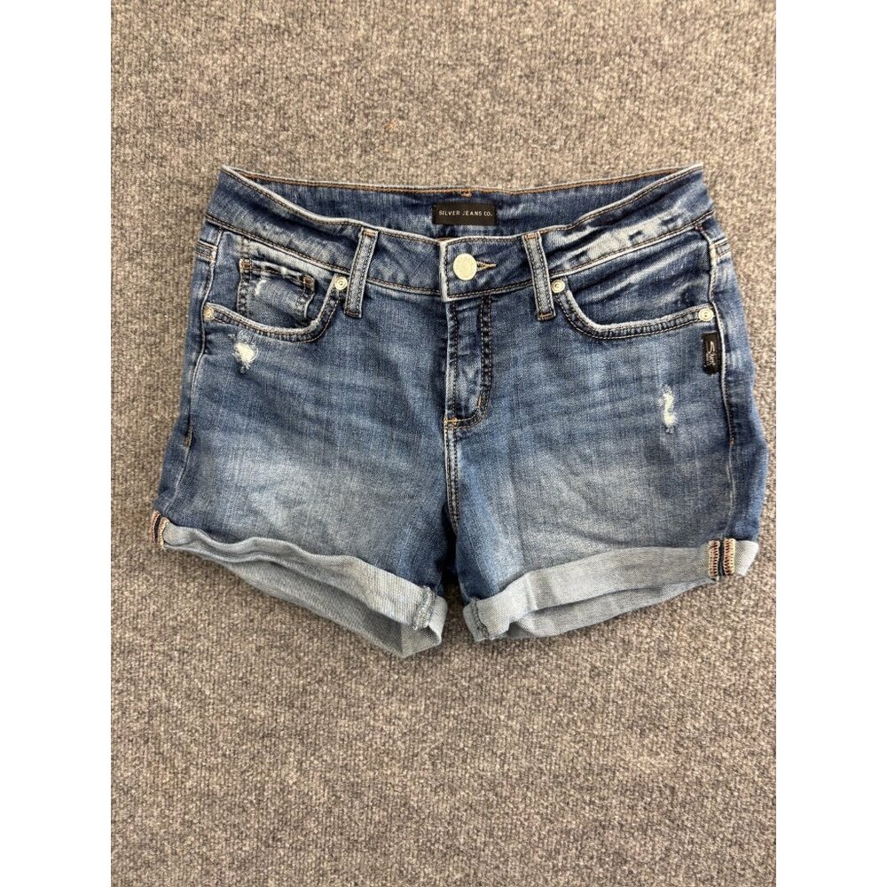 Silver Jeans Suki Shorts Women's W25 x L4 Blue Denim Stretch Distressed Cuffed
